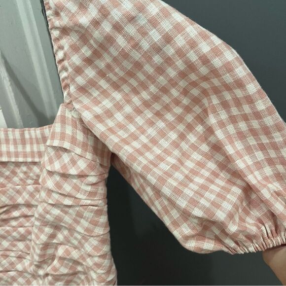 Reformation Mini Dress Zula 100% Linen Pink Gingham Plaid Short Puff Sleeve sz 2 - Picture 5 of 10